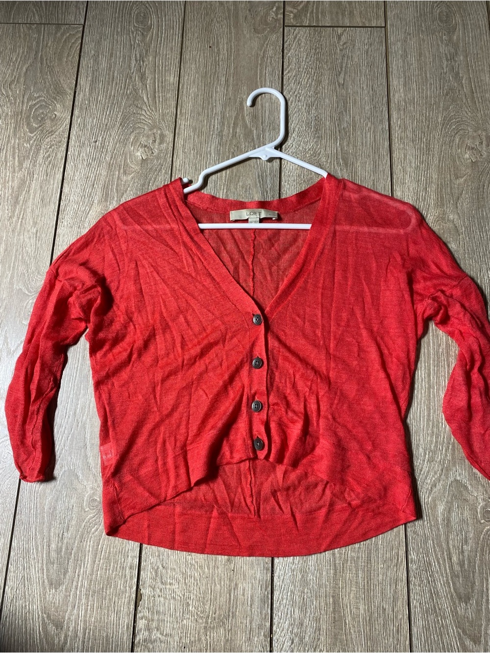 Ann Taylor LOFT Sheer Lightweight Knit V-Neck Cardigan Sweater Red Button Down